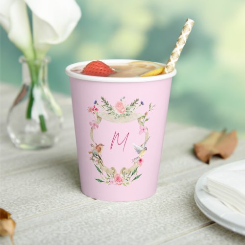 Floral Crest Monogram Pink Baby Shower Paper Cups