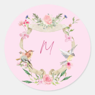 Floral Crest Monogram Pink Classic Round Sticker