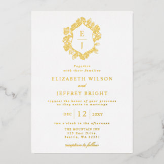 Floral Crest Monogram Wedding Foil Invitation