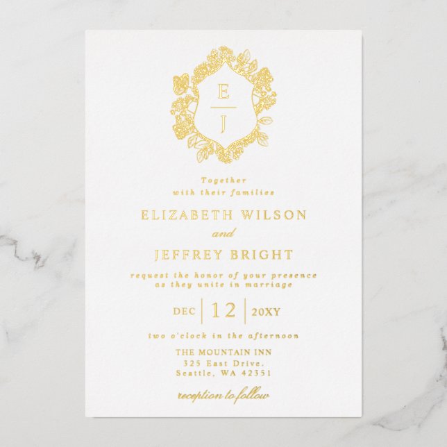 Floral Crest Monogram Wedding Foil Invitation (Front)