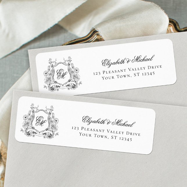 Floral Crest Monogram Wedding Return Address Label (Creator Uploaded)