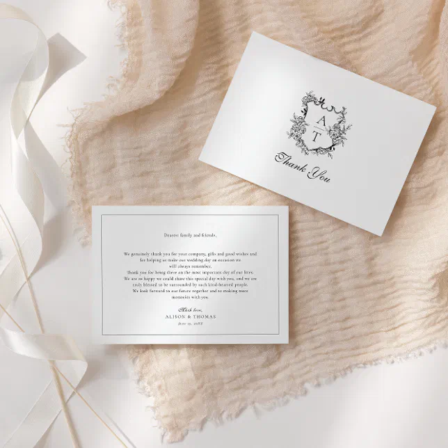 Floral Crest Monogram Wedding Thank You Card | Zazzle