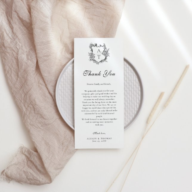 Floral Crest Monogram Wedding Thank You Place Card (Creator Uploaded)