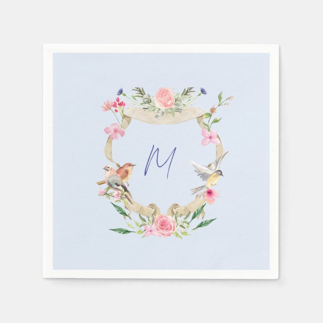 Floral Crest Monogrammed Blue Napkins (Front)