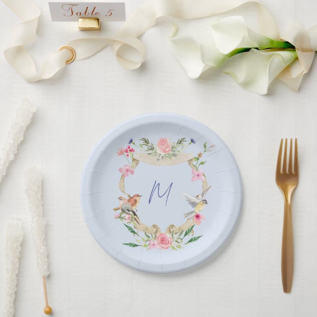 Floral Crest Monogrammed Blue Paper Plates (Wedding)