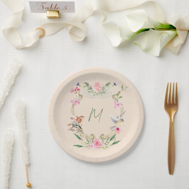 Floral Crest Monogrammed Gender Neutral Paper Plates (Wedding)