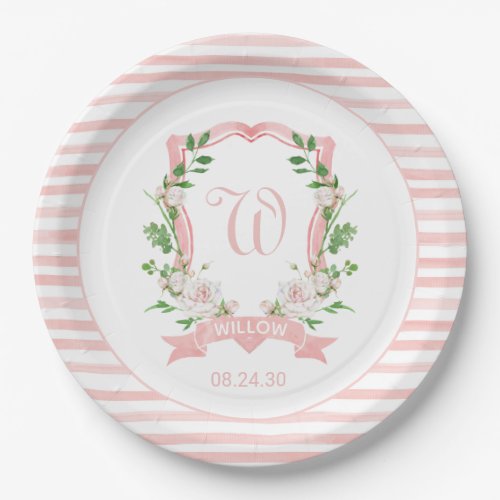 Floral Crest Monogrammed Girl Baby Shower Paper Plates