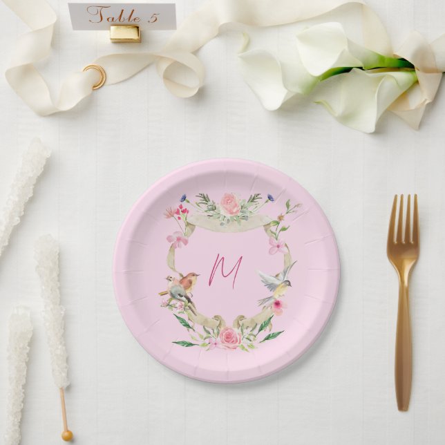 Floral Crest Monogrammed  Paper Plates (Wedding)
