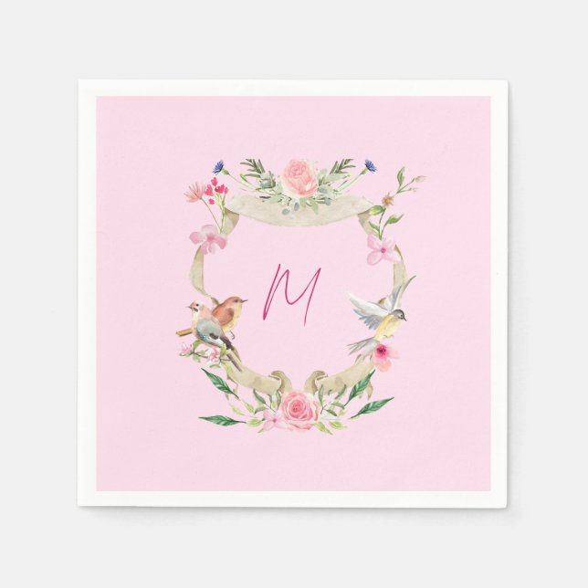 Floral Crest Monogrammed Pink Napkins (Front)
