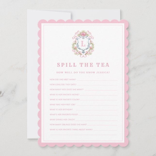 Floral Crest | Spill the Tea | Bridal Shower Game Invitation (Front)