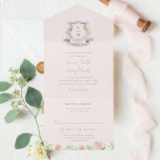 Floral Crest Watercolor Monogram Wedding All In One Invitation