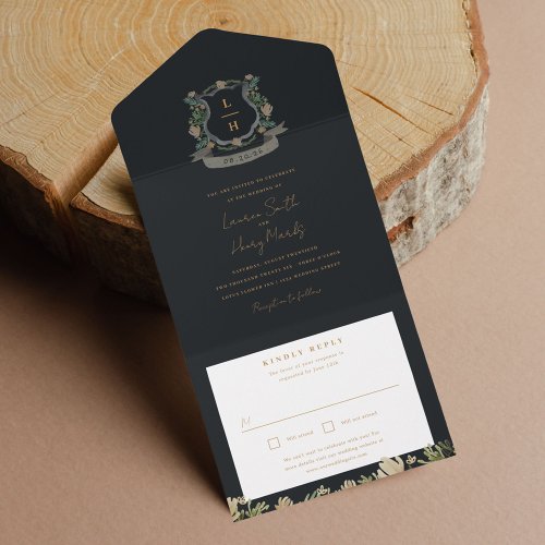 Floral Crest Watercolor Monogram Wedding All In One Invitation