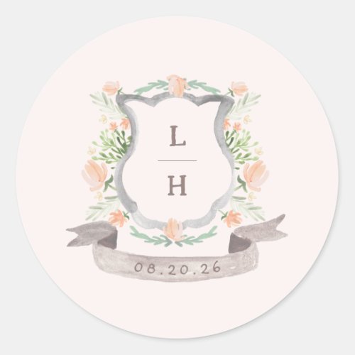 Floral Crest Watercolor Monogram Wedding Classic Round Sticker