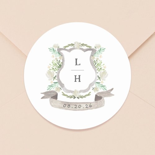 Floral Crest Watercolor Monogram Wedding Classic Round Sticker