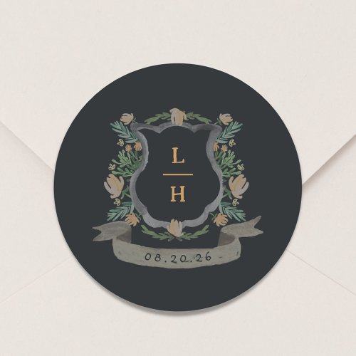 Floral Crest Watercolor Monogram Wedding Classic Round Sticker