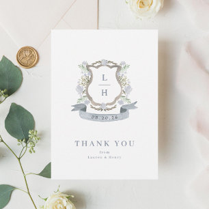 Floral Crest Watercolor Monogram Wedding Flat Thank You Card