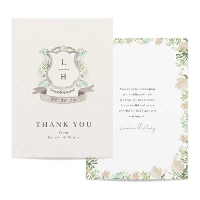 Floral Crest Watercolor Monogram Wedding Flat Thank You Card | Zazzle