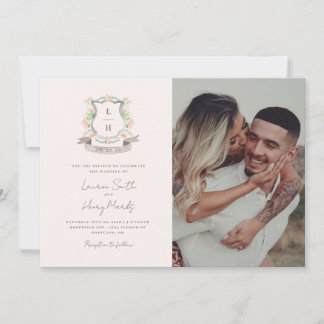 Floral Crest Watercolor Monogram Wedding Invitation