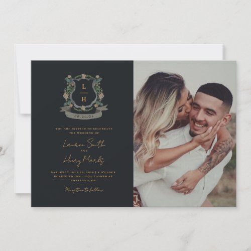 Floral Crest Watercolor Monogram Wedding Invitation