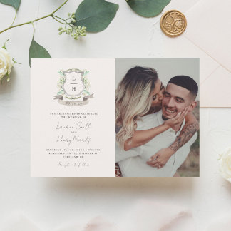 Floral Crest Watercolor Monogram Wedding Invitation