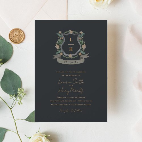 Floral Crest Watercolor Monogram Wedding Invitation