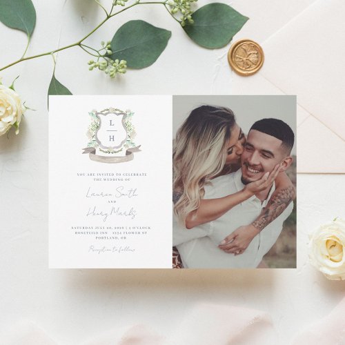 Floral Crest Watercolor Monogram Wedding Invitation