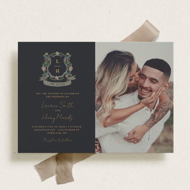 Floral Crest Watercolor Monogram Wedding Invitation (Creator Uploaded)