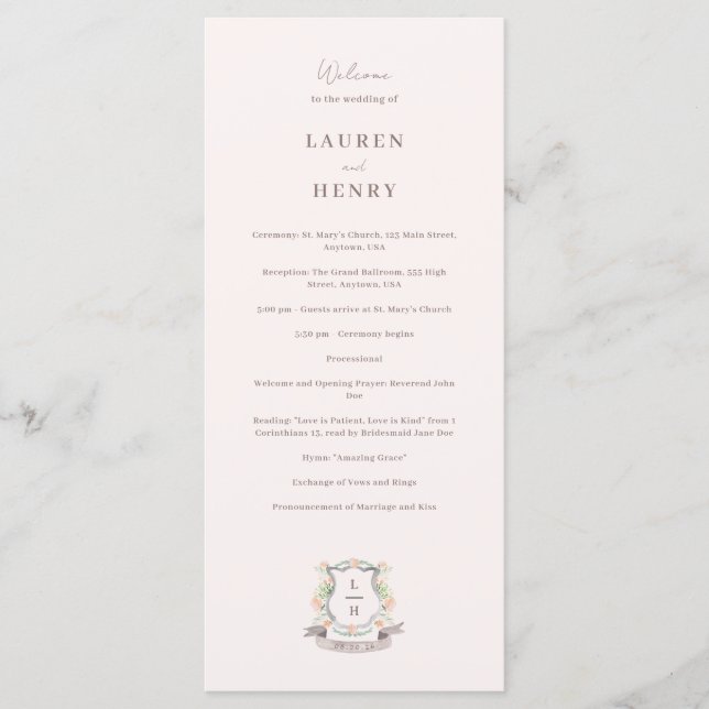 Floral Crest Watercolor Monogram Wedding Program (Front)