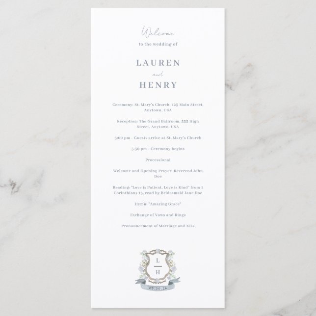 Floral Crest Watercolor Monogram Wedding Program (Front)