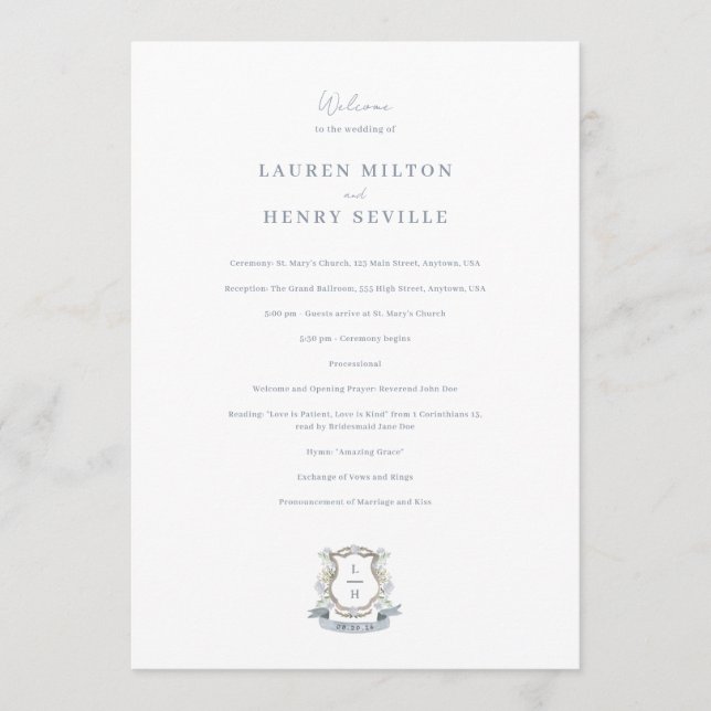 Floral Crest Watercolor Monogram Wedding Program (Front)