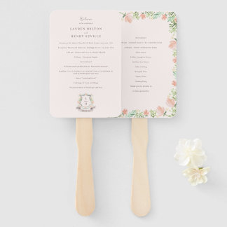 Floral Crest Watercolor Monogram Wedding Program Hand Fan