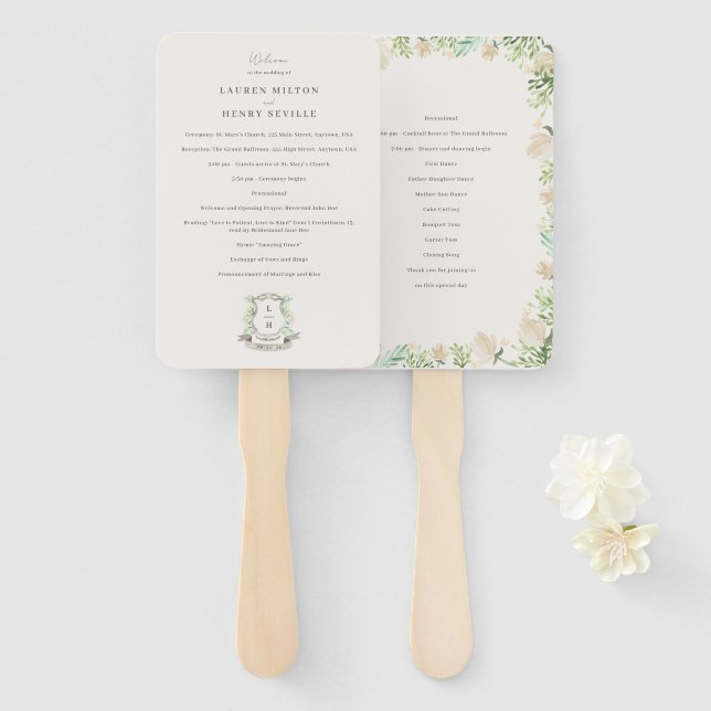Floral Crest Watercolor Monogram Wedding Program Hand Fan (Front and Back)