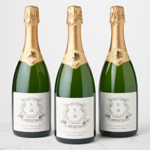 Floral Crest Watercolor Monogram Wedding Sparkling Wine Label