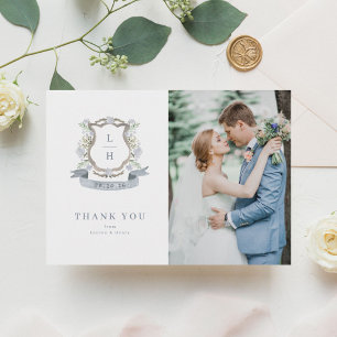 Floral Crest Watercolor Monogram Wedding Thank You Card