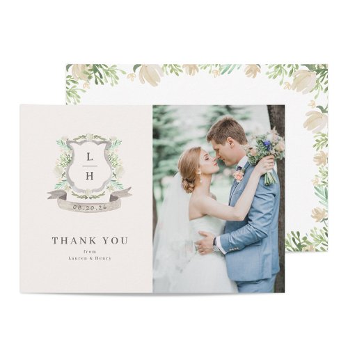 Floral Crest Watercolor Monogram Wedding Thank You Card