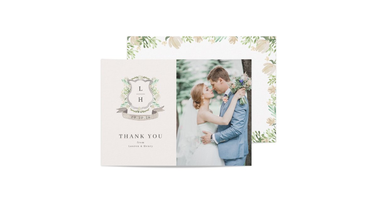 Floral Crest Watercolor Monogram Wedding Thank You Card | Zazzle