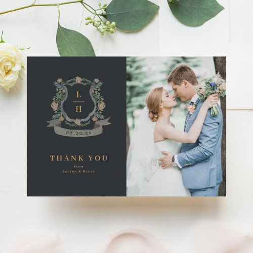Floral Crest Watercolor Monogram Wedding Thank You Card