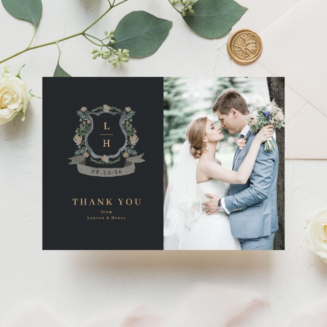Floral Crest Watercolor Monogram Wedding Thank You Card (Creator Uploaded)