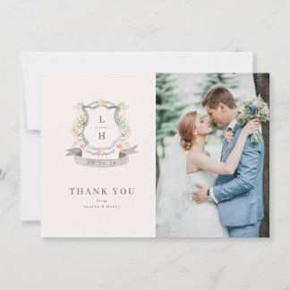 Floral Crest Watercolor Monogram Wedding Thank You Card