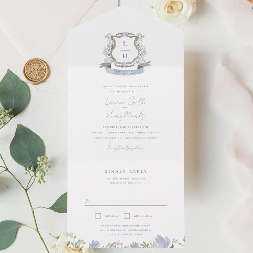 Floral Crest Watercolor Monogram Wedding Trifold All In One Invitation