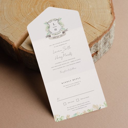 Floral Crest Watercolor Monogram Wedding Trifold All In One Invitation