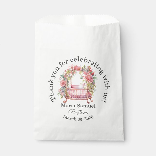 Floral Crib Baby Girl Sticker Pink Favor Bag (Front)