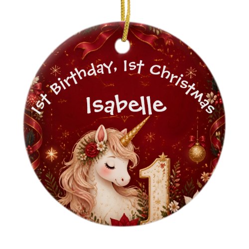 Floral Crimson Unicorn 1st Birthday Christmas Ceramic Ornament