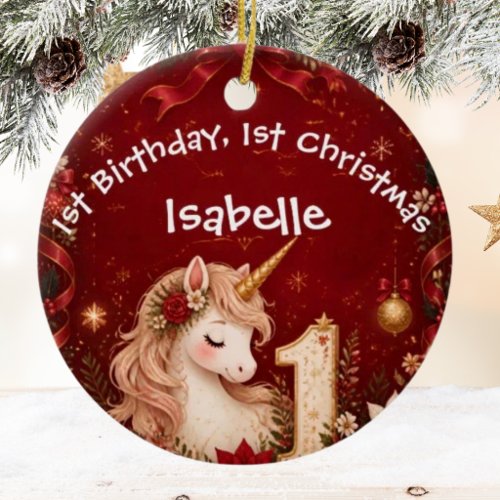 Floral Crimson Unicorn 1st Birthday Christmas Ceramic Ornament