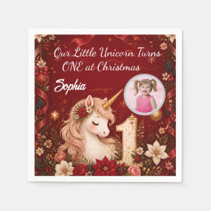Floral Crimson Unicorn 1st Birthday Christmas Napkins