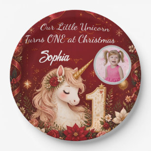 Floral Crimson Unicorn 1st Birthday Christmas Paper Plates