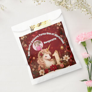 Floral Crimson Unicorn Christmas 1st Birthday Favor Bag
