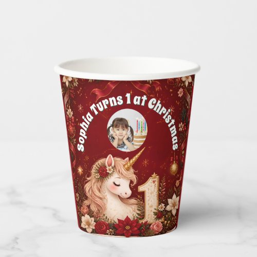 Floral Crimson Unicorn Christmas 1st Birthday Paper Cups