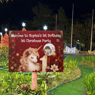 Floral Crimson Unicorn Christmas Birthday Party Sign