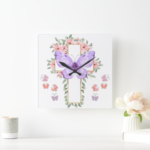 Floral cross and butterflies Christian  Square Wall Clock